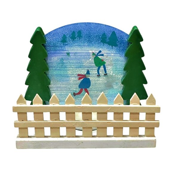 Christmas Winter T-Lite Holder Ice Skaters Wooden Vintage Ewes View w Lite & Box - Picture 5 of 10
